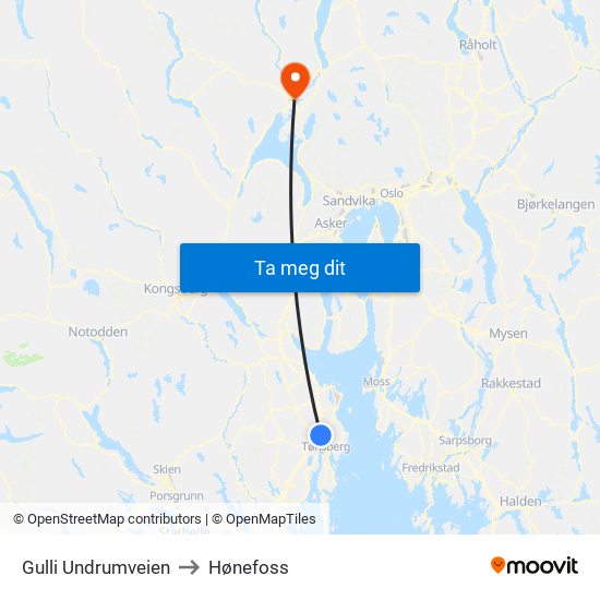 Gulli Undrumveien to Hønefoss map