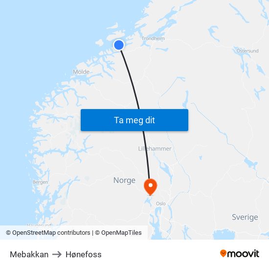 Mebakkan to Hønefoss map