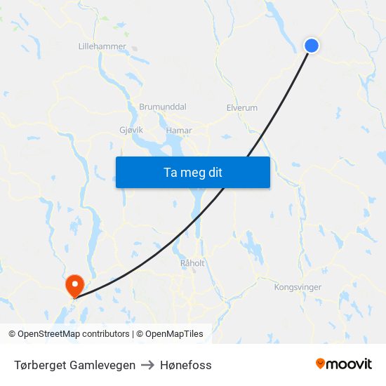 Tørberget Gamlevegen to Hønefoss map