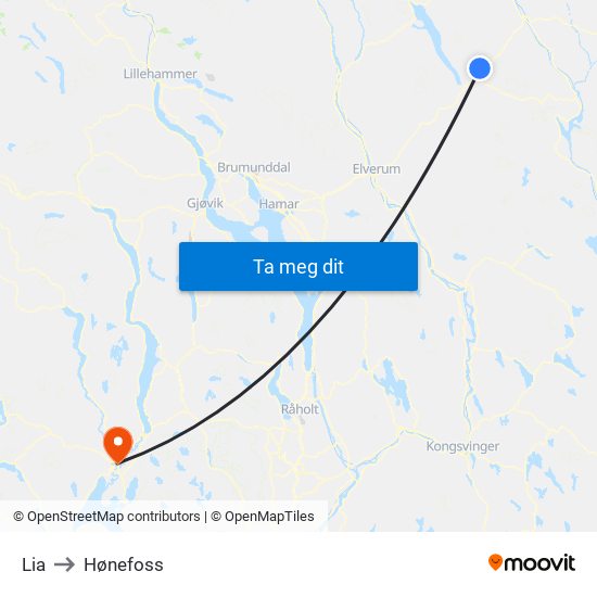 Lia to Hønefoss map