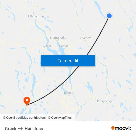 Grønli to Hønefoss map