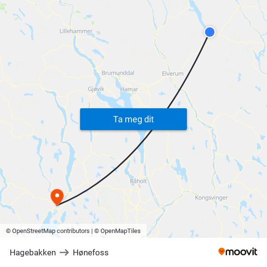 Hagebakken to Hønefoss map