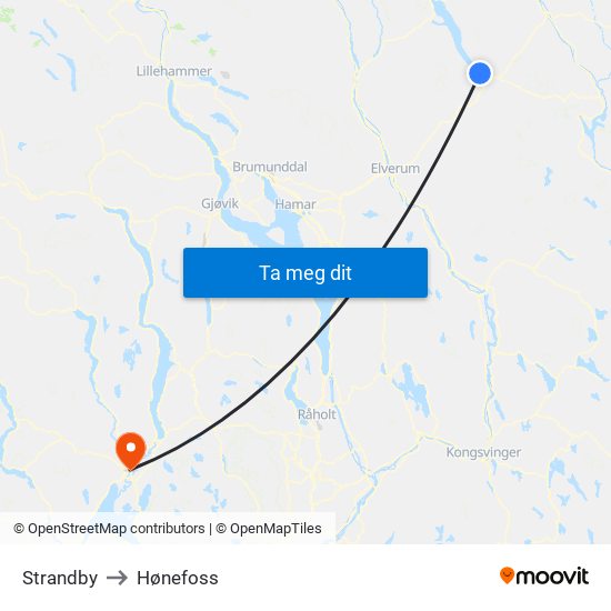 Strandby to Hønefoss map