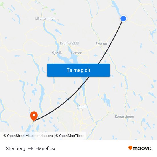 Stenberg to Hønefoss map