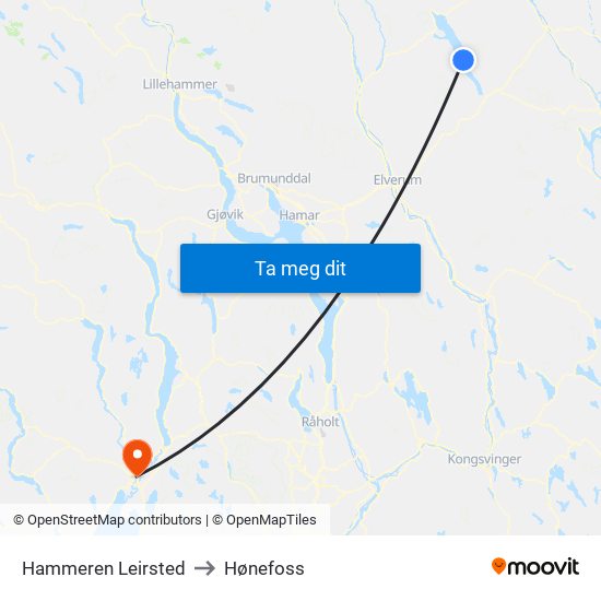 Hammeren Leirsted to Hønefoss map