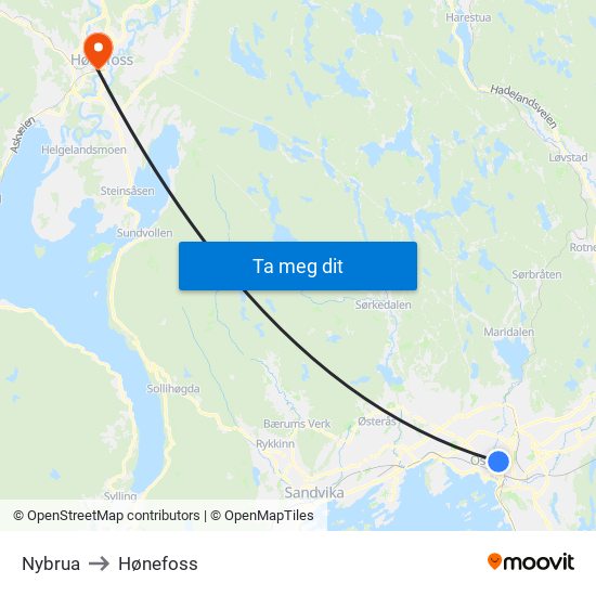 Nybrua to Hønefoss map