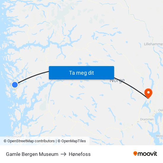 Gamle Bergen Museum to Hønefoss map