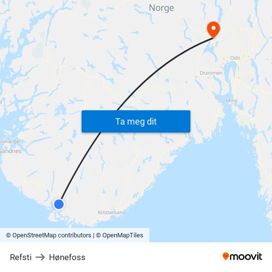 Refsti to Hønefoss map