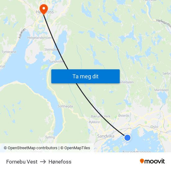 Fornebu Vest to Hønefoss map