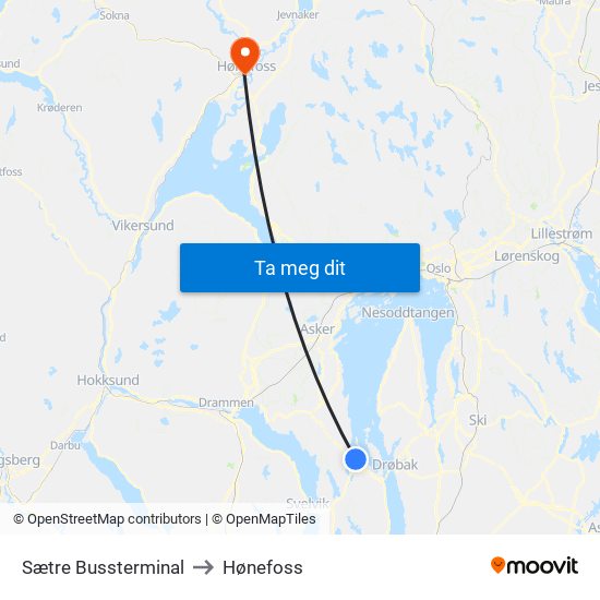 Sætre Bussterminal to Hønefoss map