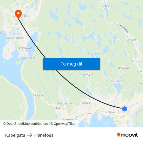 Kabelgata to Hønefoss map