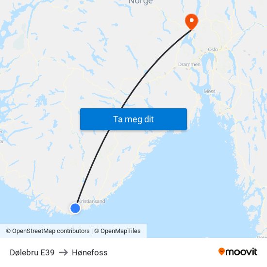 Dølebru E39 to Hønefoss map