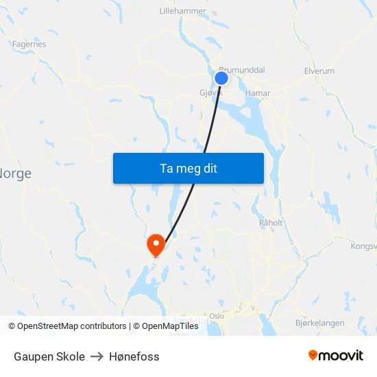Gaupen Skole to Hønefoss map