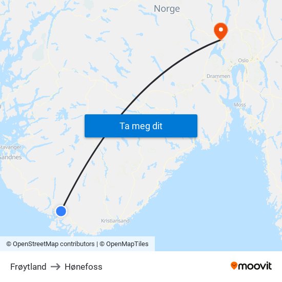 Frøytland to Hønefoss map