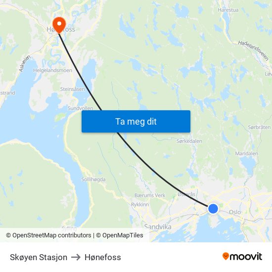 Skøyen Stasjon to Hønefoss map