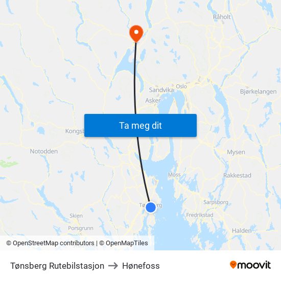 Tønsberg Rutebilstasjon to Hønefoss map