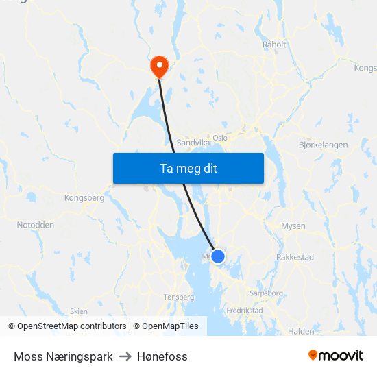 Moss Næringspark to Hønefoss map