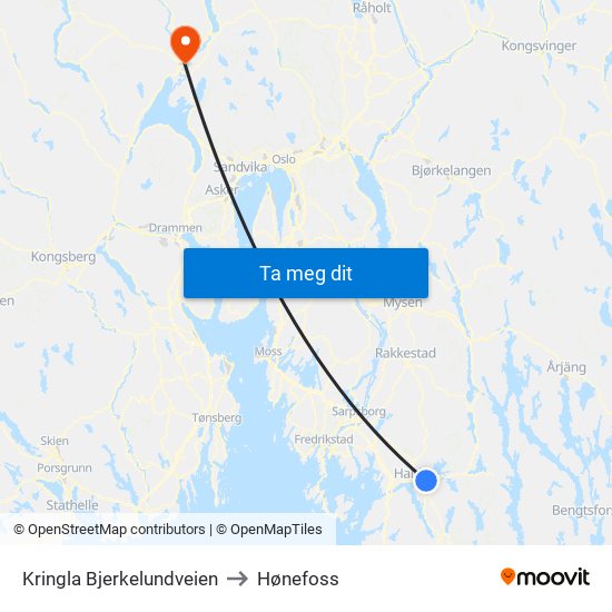 Kringla Bjerkelundveien to Hønefoss map