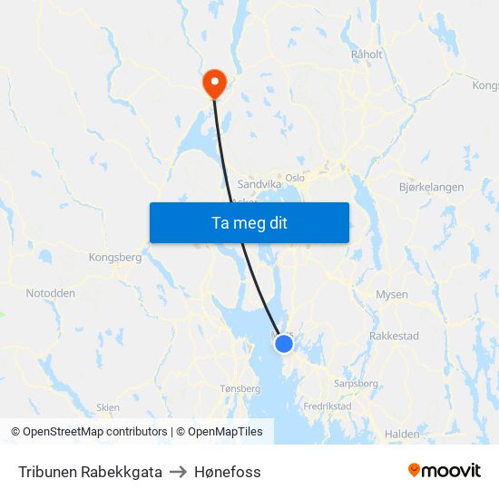Tribunen Rabekkgata to Hønefoss map