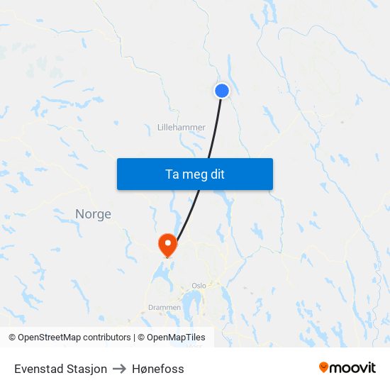 Evenstad Stasjon to Hønefoss map