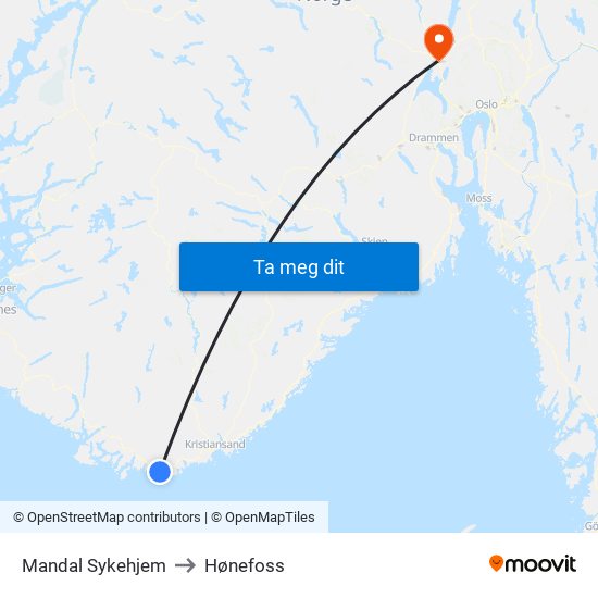 Mandal Sykehjem to Hønefoss map
