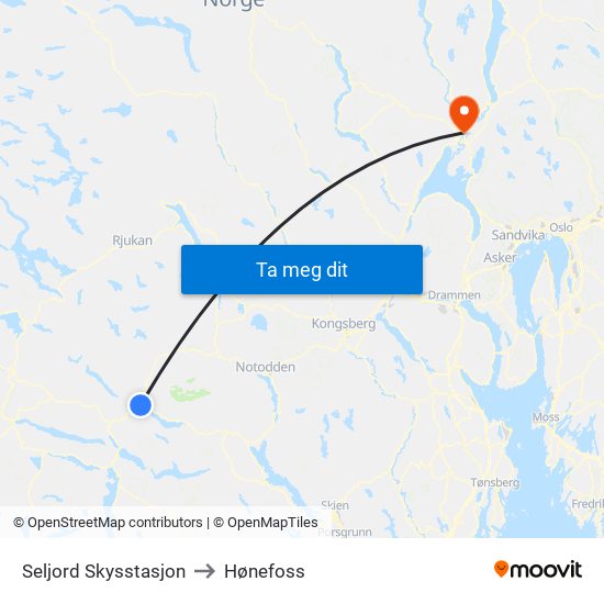 Seljord Skysstasjon to Hønefoss map