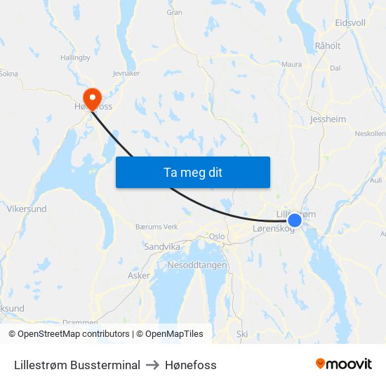 Lillestrøm Bussterminal to Hønefoss map
