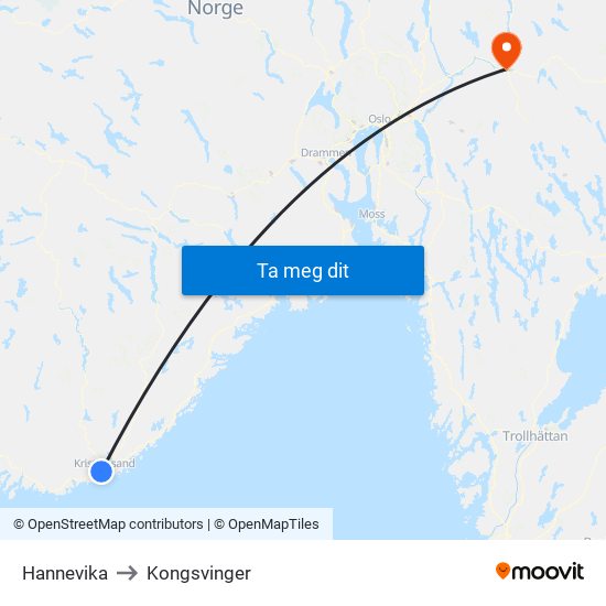 Hannevika to Kongsvinger map
