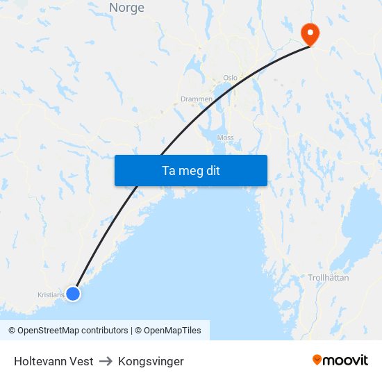 Holtevann Vest to Kongsvinger map