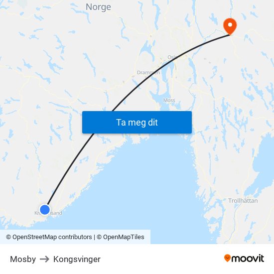 Mosby to Kongsvinger map