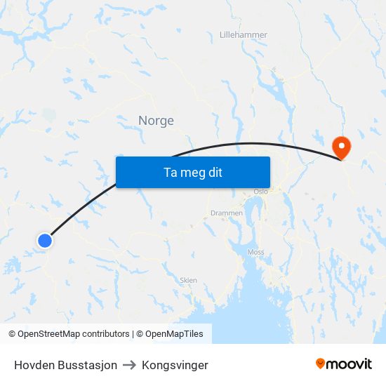 Hovden Busstasjon to Kongsvinger map