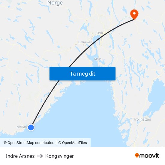 Indre Årsnes to Kongsvinger map