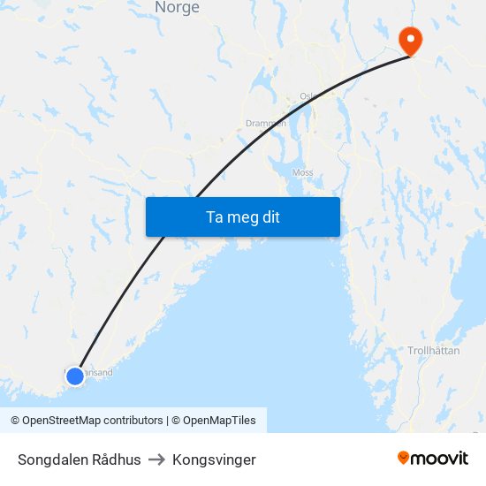 Songdalen Rådhus to Kongsvinger map
