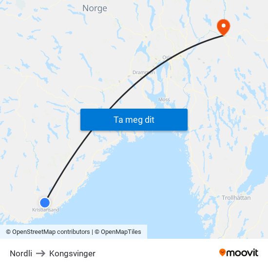 Nordli to Kongsvinger map