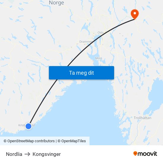 Nordlia to Kongsvinger map