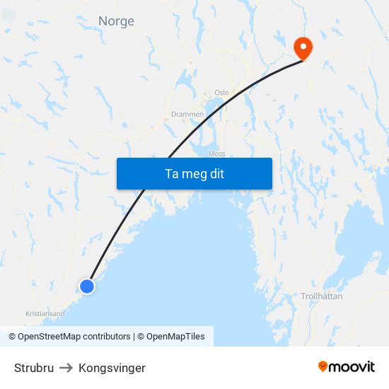 Strubru to Kongsvinger map