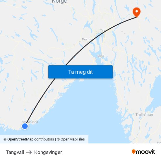 Tangvall to Kongsvinger map