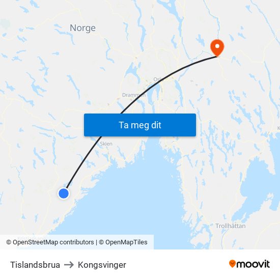 Tislandsbrua to Kongsvinger map