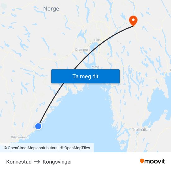 Konnestad to Kongsvinger map