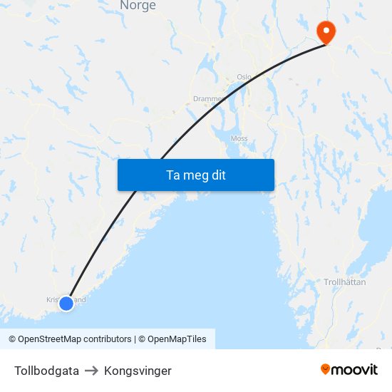 Tollbodgata to Kongsvinger map