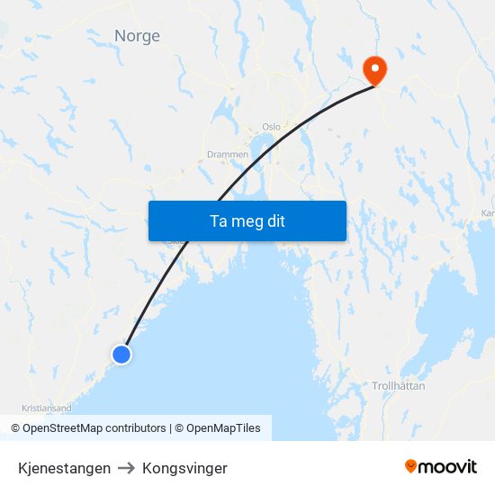 Kjenestangen to Kongsvinger map