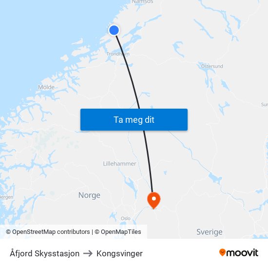 Åfjord Skysstasjon to Kongsvinger map