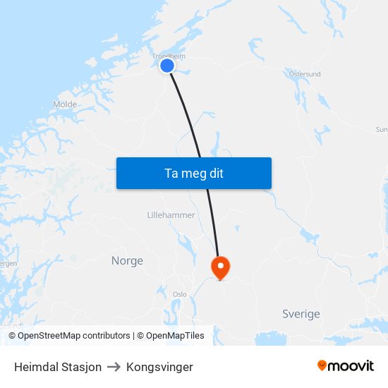 Heimdal Stasjon to Kongsvinger map