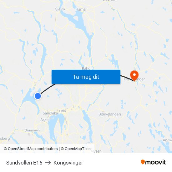 Sundvollen E16 to Kongsvinger map