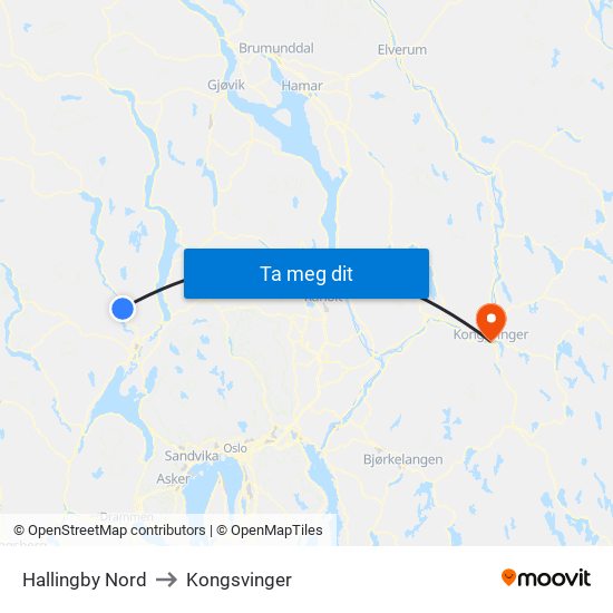 Hallingby Nord to Kongsvinger map