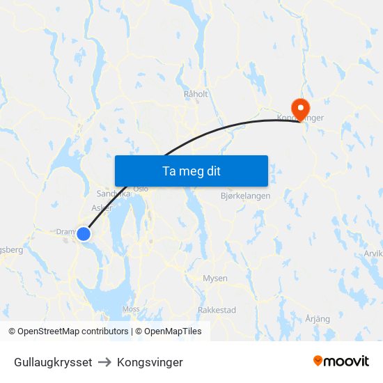 Gullaugkrysset to Kongsvinger map