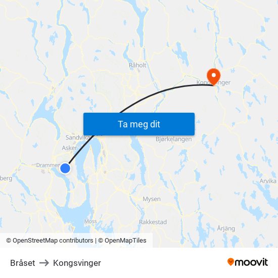 Bråset to Kongsvinger map