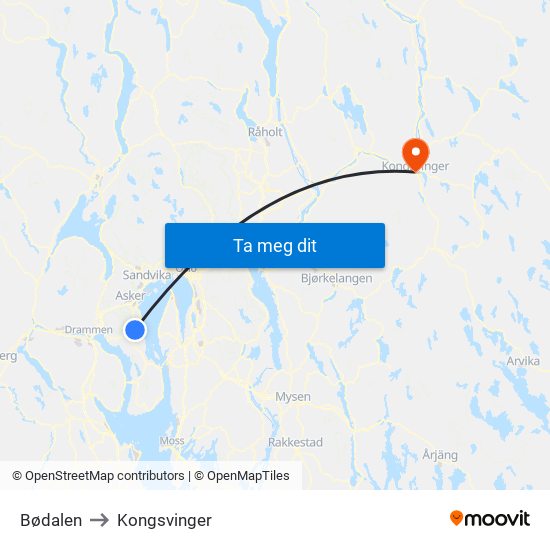 Bødalen to Kongsvinger map