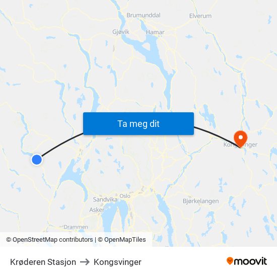 Krøderen Stasjon to Kongsvinger map