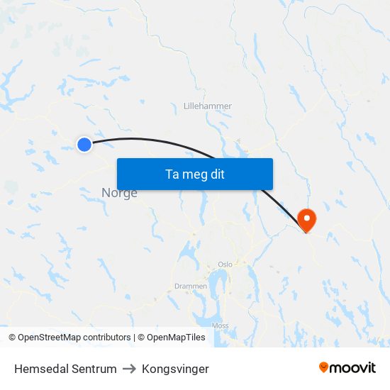 Hemsedal Sentrum to Kongsvinger map